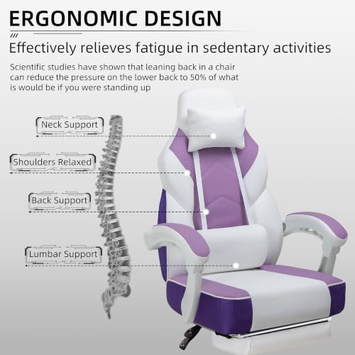 Image of Gaming Chair Ergonomic Computer Gaming Chairs with Footrest, Massage Lumbar Support, Height Adjustment, and 360 Swivel Seat (Purple)