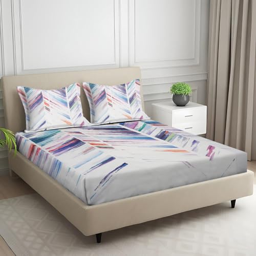 Image of Signature Digital Print Geometric Designs Super King Size Bedsheet - 108 x 108 inches | 100% Cotton-Feel Soft Fabric | Fade-Resistant Colors | 2 Matching Pillow Covers (Blush Nordic Grid)