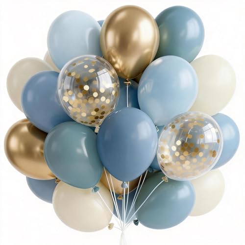 Image of PartyWoo Dusty Blue Balloons 66pcs 12 Inch Light Baby Slate Blue Off White Sand Metallic Gold Boho Confetti Balloons for Graduation Boy Baby Shower Gender Reveal Birthday Wedding Party Decorations