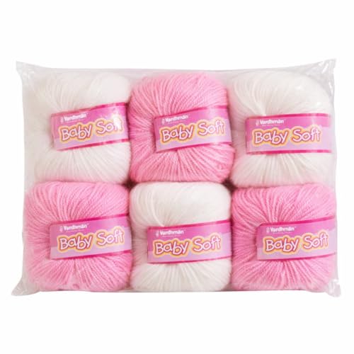 Image of Vardhman BabySoft Knitting Yarn | 100% Acrylic Wool | 4 Ply | Thin Knitting & Crocheting Hook Thread & Lightweight | Special Baby Wool | 150 Grams (6 Balls of 25g) | Machine Washable | Ideal for Blankets, Hats, Booties Ultra-Soft for Baby Sweaters, Blankets, Caps, Socks, Soft toys, Art & craft (Baby Pink No.91 & White No.18)