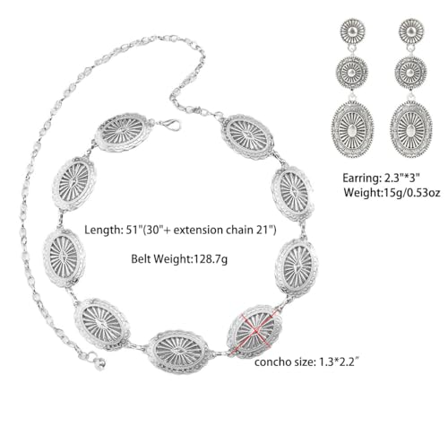Western Concho Belts for Woman Cowgirl Cowboy Metal Belt Boho Silver Country Chain Belt with Western Earrings3