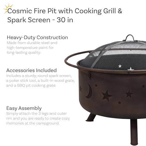 Sunnydaze-Cosmic-30-Inch-Fire-Pit-with-Cooking-BBQ-Grill-Grate-Spark-Screen-and-Fireplace-Poker-Celestial-Design Sunnydaze Cosmic 30 Inch Fire Pit with Cooking BBQ Grill Grate Spark Screen and Fireplace Poker Celestial Design