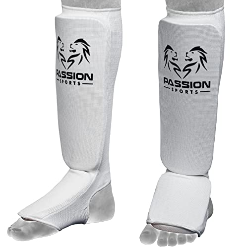 Passion Sports MMA Shin Instep Thick Padded Guard - Shin Instep Guard (Pair) Elasticated-Cotton Ideal for Martial Arts, Boxing, Taekwondo and Karate (White, XL)