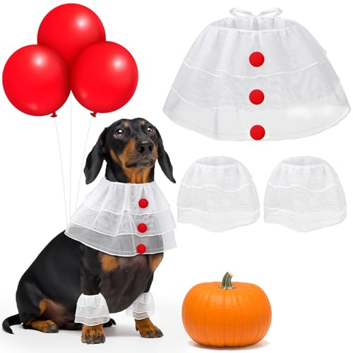 Huhumy Halloween Dog Creepy Clown Costume Set Dog Clothes Outfit Accessories Include 1 Collar with Red Pom Pom Balls, 2 Leggings, 3 Red Balloons for Puppy Cat Pet Cosplay Themed Party Supplies