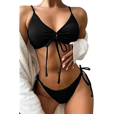 Sexy Tie Front String Bikini Triangle Top High Cut Thong 2 Piece Swimsuits Separates Bathing Suit Sets for Women, Black, Large Cover