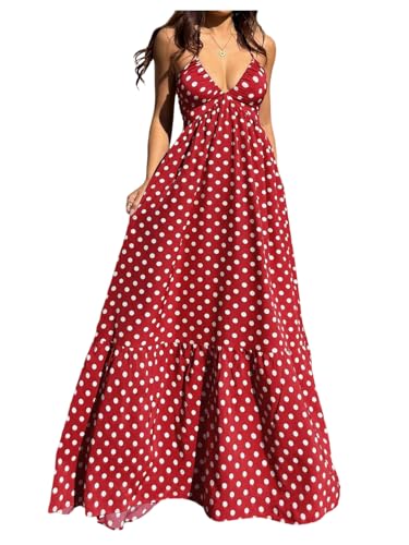 OYOANGLE Women's Summer Boho Maxi Dress Flowy Halter Dresses Sundress