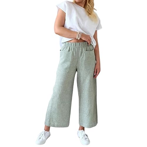 chouyatou Women's Striped Wide Leg Cotton Linen Pants Elastic Waist Loose Palazzo Trousers with Pockets