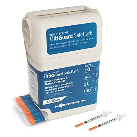 All-In-One UltiGuard Safe Pack U-100 Insulin Syringes and Sharps Container for At-Home Insulin Injections and Safe Needle Disposal; Size: 1/2cc, 31G x 5/16’’ (8mm), 100 Count Cover