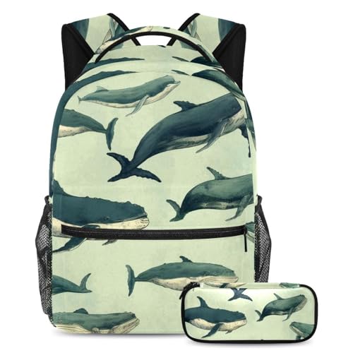 Sac à dos avec trousse à crayons baleines pour garçons filles adolescents