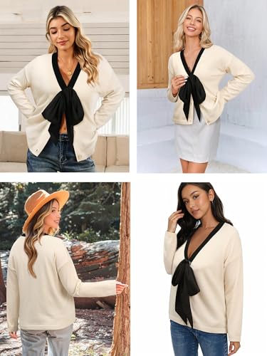 Women Bow Sweater Cute Tie Front Cropped Cardigan V Neck 7/8 Long Sleeve Fall Knit Top Elegant Holiday Party Office Wear2