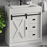 4ever2buy Farmhouse Bathroom Vanity with Sink, Bathroom Vanity Cabinet with 2 Drawers & Sliding Barn Door, White