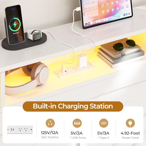 Image of MSmask Daybed with Pop Up Trundle, Twin Day Bed with 3 Storage Drawers and Shelves, Farmhouse Wooden Twin to King Daybed Frame with Charging Station and LED Lights for Bedroom, White