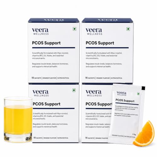Image of Veera PCOS Support with Clinically-Approved 2000mg Myo-Inositol | Aids Regular Periods & Fertility| Helps Reduce Acne, Mood Swings & Facial Hair| Supports Weight Management| Vitamin D3, Folate & 12 Essential Multivitamins| 60 Orange Flavour Sachets