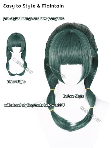 Image of Half and Half Maomao Cosplay Wig 19'' Dark Green Mao Mao Costume Anime Wigs with Straight Bangs Green Pigtail Twin Tails Wigs for Women Daily Party