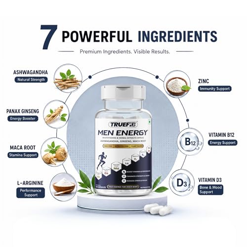 Image of Men's Energy+ Multivitamin for Men | Ashwagandha, Panax Ginseng, Maca Root, L-Arginine with Zinc, Vitamin B12 & Vitamin D3 | Daily Energy, Stamina, Strength, Focus & Immunity Support | 60 Veg Capsules
