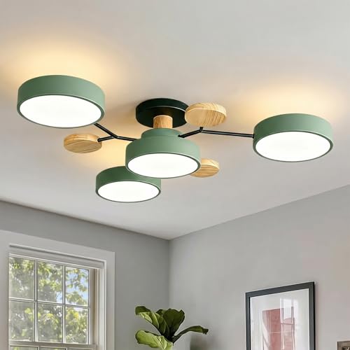 26″ Modern LED Ceiling Light, 4 Light LED Dimmable Flush Mount Chandelier with Green Shade, Wooden Kitchen Lighting Fixture Ceiling Lamp for Dining Room Bedroom Living Room Office Ceiling Light (48W)
