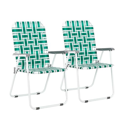 VINGLI Patio Lawn Webbed Folding Chairs Set of 2, Outdoor Beach Chair Portable Dining Chair for Yard, Garden (Green, Classic)