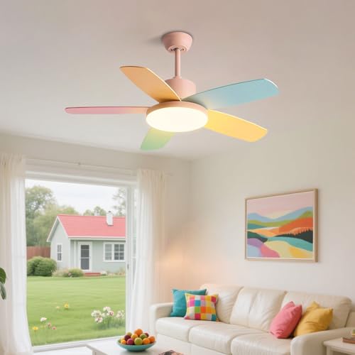 36 Inch Pink Ceiling Fan with Light and Remote Low Profile Flush Mount