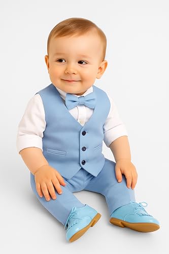 Image of Baby Boys Vest Suit Cotton Linen 4 Piece Formal Wedding Birthday Set