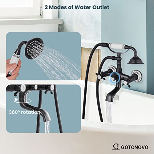 Gotonovo Wall Mount Bathtub Faucet With Hand Held Shower Spray Faucet Set Bathroom Vintage Oil Rubbed Bronzed Double Cross Handle 2 Functions 360 Swivel Mixer Tub Spout Tub Filler #TOP1