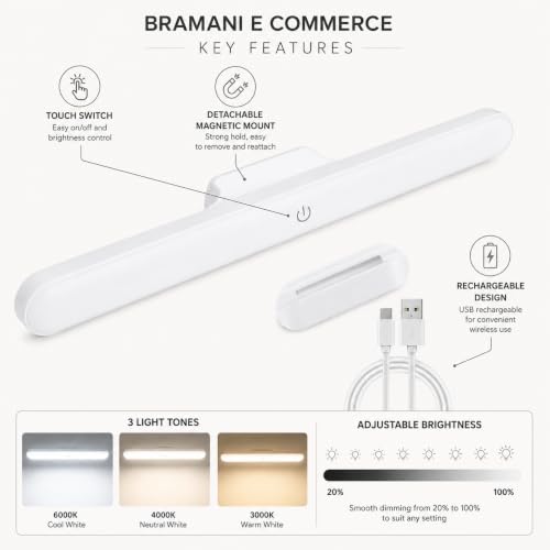 Image of Magnetic Rechargeable LED Light Bar - 30 cm White Plastic Under‑Cabinet & Closet Lamp with Touch‑Control, Dimmable, Multiple Light Modes, Portable Battery‑Powered, Ideal for Kitchen, Wardrobe, Makeup