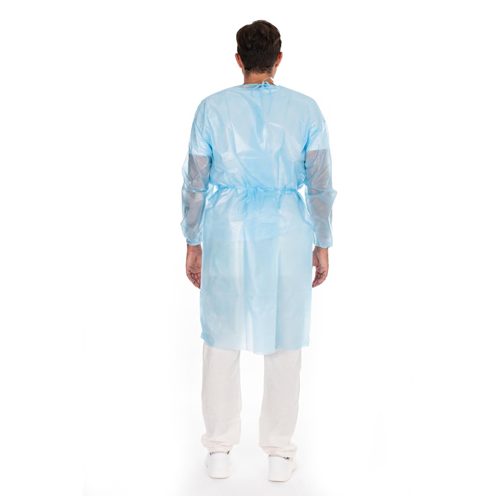100 Stück, Einwegkittel, FRANZ MENSCH, XL 120cm, blau, PP/PE, volllaminiert | Karton, Umfang 140cm, Einmal Kittel, Isolationskittel, Schutzkittel, PP-Schutzkittel, Besuchermantel, isolation gown