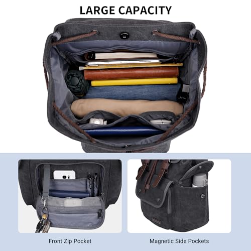 Image of WITZMAN Canvas Backpack for Men Vintage Rucksack Fits 15.6 inch Laptop | Drawstring Backpack, High Capacity Casual Daypack with USB Charging Port, For Vacation, Overnight Trip, A8004 Black /Gery