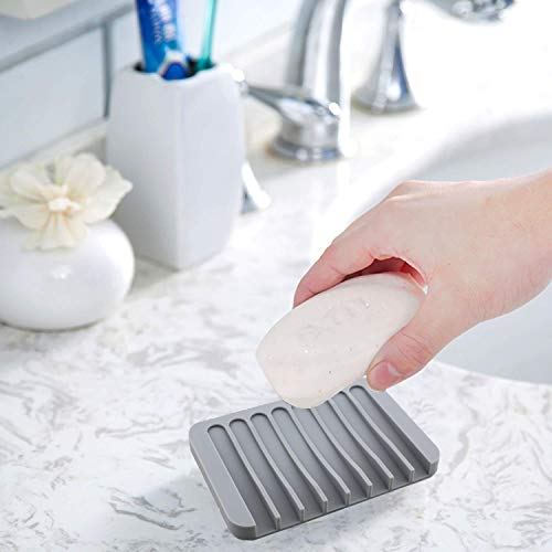 Luckyiren Soap Dish Holder Stand Saver Tray Case for Shower-Silicone Rubber Drainer Dishes for Bar Soap Sponge Scrubber Bathroom Kitchen Sink-Dishwasher Safe-Drains Water,Extends Soap Life,Gray,2 Pack
