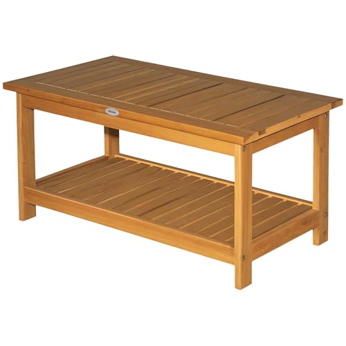Outsunny Wooden Garden Coffee Table, Outdoor Side Table with Bottom Storage Shelf for Patio, Deck, Lawn, Garden, 90 x 45 x 43 cm, Teak