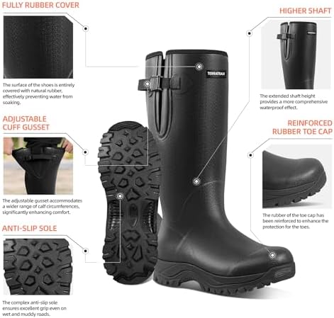 TerraTrax Men's Winter Rubber Boots & Heavy Duty Work Boot, Waterproof Insulated Muck Rain Boots for Snow, Farm, Hunting & Ice Fishing (Sub-Zero Cold Rated), Wellington Black 10 - 4