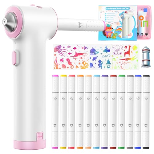 Forever Speed Airbrush Elektrischer Farbsprühstift Set 12 Textilmarker mit Doppelspitze, 3 Schablonen und 2 Sprühköpfe, leuchtende und satte Farben,Textilfarbe zum sprühen pink