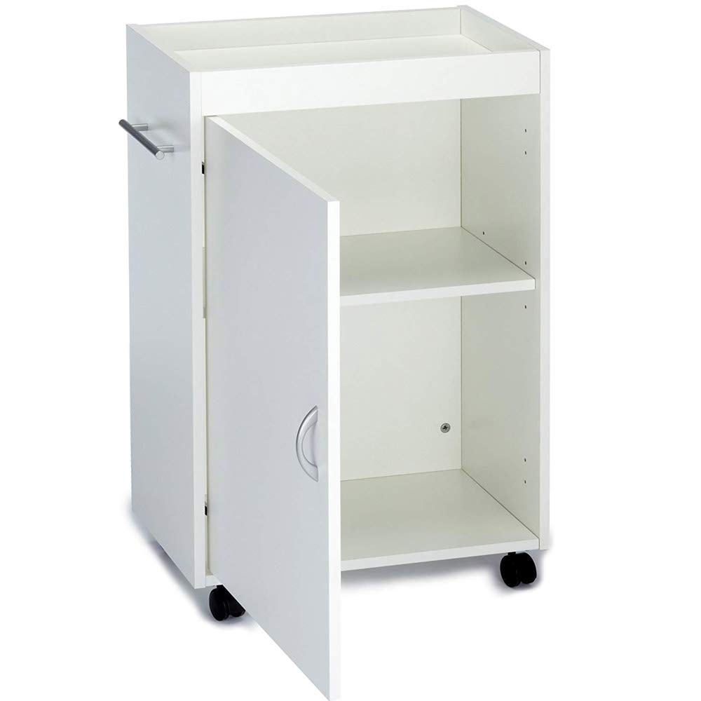 BAKAJI Carrello Bagno Cucina in Legno MDF con Anta 3 Ripiani e 4 Ruote Girevoli Dimensioni: 50 x 32 x 77,5 cm Mobiletto Trolley Salvaspazio Colore Bianco