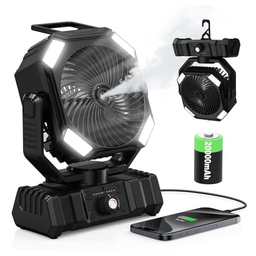 Ventilador Nebulizador Portátil 20000mAh, con Tanque de 300 ml, Oscilación 45°-90°, Rotación 270°, Luz LED, Temporizador, para Camping, Exterior, Escritorio y Viajes
