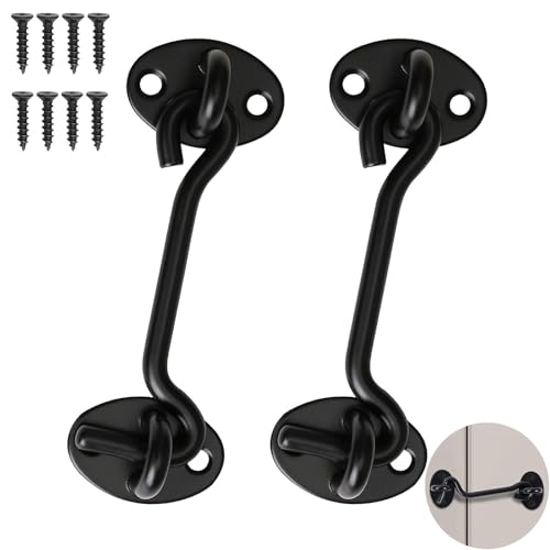 Pack of 2 Storm Hooks with Eyelet, Stainless Steel Storm Hook, Black Door Latch, Small for Swing Door, Wood, Shutters, Wood, Barn Door, Garden Gate, Latch with 8 Mounting Screws (10 cm)