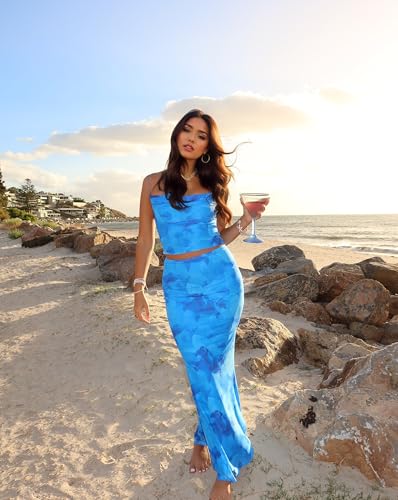 Image of Women High Stretchy Adjustable Strap Backless Floral Two Piece Maxi Skirt Set Summer Outfits 2026