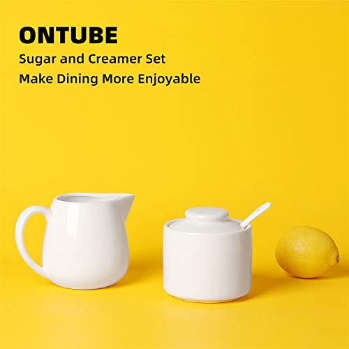 Ontube Porcelain Sugar And Creamer Set Of 3,Cream Pitcher, Spoon, Sugar Bowl With Lid,Cream (White) #TOP2