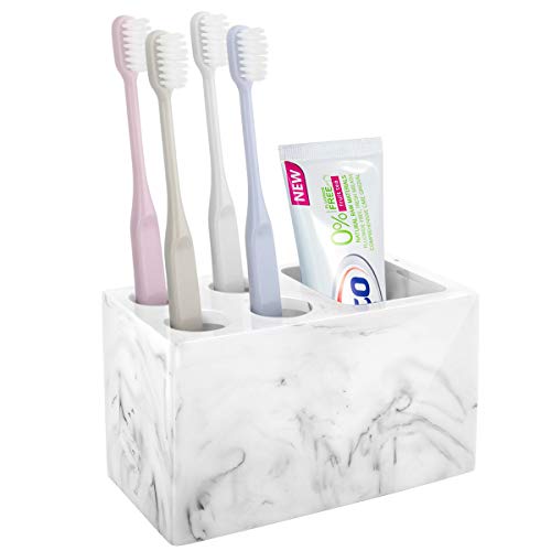 Luxspire Resin Toothbrush Holder, 5 Slots Hygienic Handmade Toothbrush Storage Stand Dispenser Bathroom Organizer Set for Toothpaste, Razor - Ink White