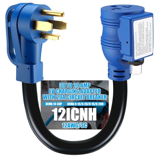Kanayu Overload Protection NEMA 14-30P to 6-20/15R 5-20/15R EV Charging Adapter with 20A Circuit Breaker, 30A 240V Dryer Plug to Home Outlet T Blade, Not 110V, 1ft, ETL Listed