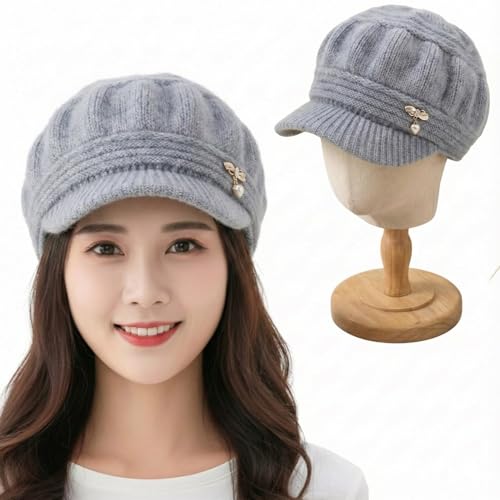 Image of Kraptick Women's Winter Knit Visor Beanie Hat with Soft Fleece Lining, Stylish Woollen Slouchy Warm Cap for Ladies, Snow Sun Shield Knit Cap for Winter -2