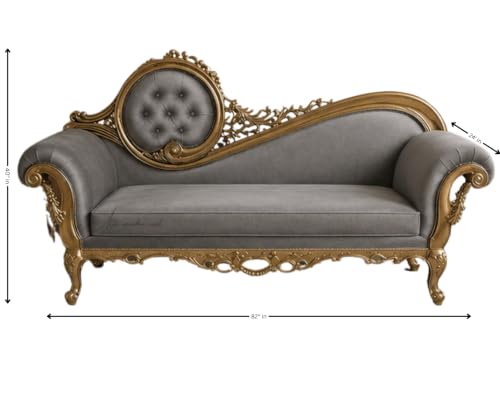 Image of Victorian Style Chaise Lounge, Tufted Cream Upholstery, Mahogany Wood Frame, Classic Living Room Furniture (Grey)