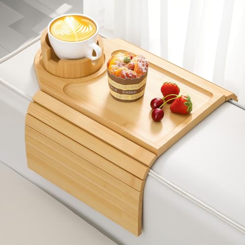 Kssiaz Plateau d'Accoudoir de Canapé, Plateau de Canapé en Bambou, Porte-Gobelets de Canapé, Organisateur Antidérapant pour Accoudoir pour Boisson, Coupe, Snack,...