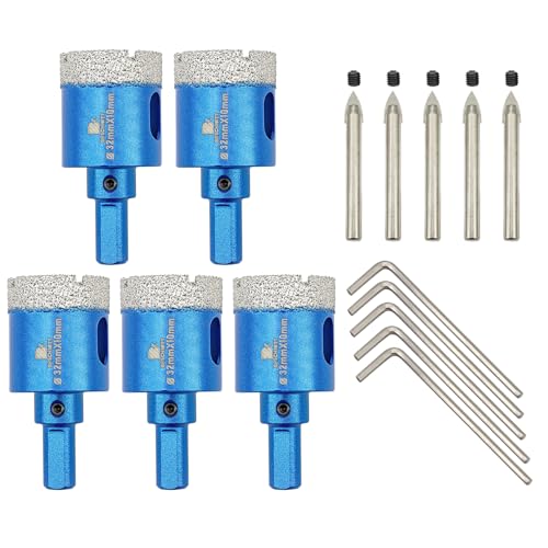 Dry Diamond Core Drill Bit with Pilot Bit - 1 1/4" inch Diamond Tile Hole Saw with Triangle Shank for Porcelain Tile Ceramic Stone Granite Marble(5pcs)