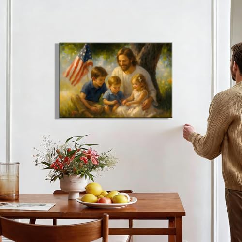 Image of RIBNTAK Made in USA Patriotic Christian Wall Art, Jesus with Kids and US Flag Canvas Print, Inspirational Religious Home Decor for 4th of July, Memorial Day, and Christian Family Gifts