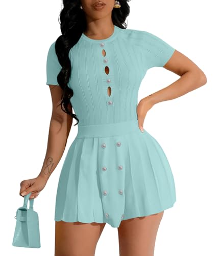 Image of Two Piece Outfits for Women Summer Going Out Knit Crop Tops Pleated Mini Skirt Sets Short Sleeve Mini Dress