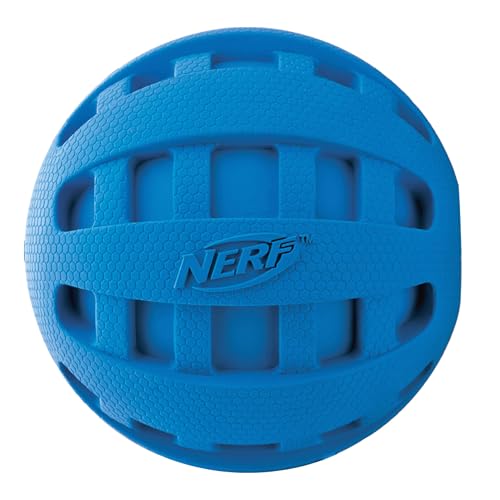 Nerf Dog Rubber Ball Dog Toy with Checkered Squeaker, Lightweight, Durable and Water Resistant, 4 Inch Diameter for Medium/Large Breeds, Single Unit, Blue