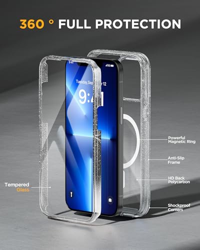 Image of Miracase Magnetic for iPhone 13 Pro Max Case 6.7 inch, (Compatible with MagSafe) Upgrade Full-Body Clear Phone Bumper Case with Built-in 9H Tempered Glass Screen Protector, Magnetic Glitter Clear