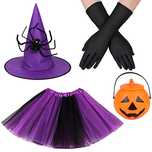 Xidajie Halloween Witch Costume Set For Kids Girls - Witch Tutu Skirt Hats Gloves Halloween Pumpkin Bucket For Halloween Witch Cosplay Favors Costume Party Supplies #TOP6
