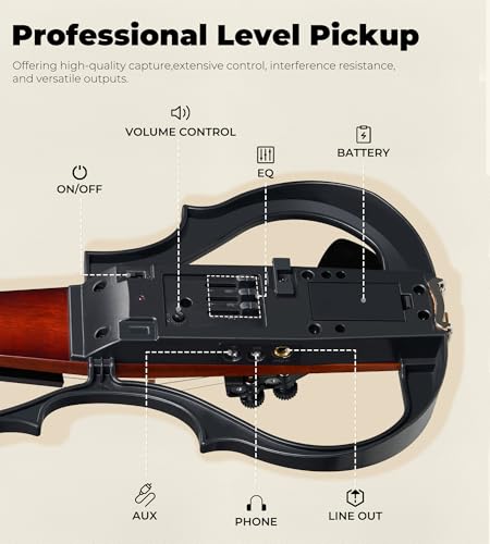 Image of Vangoa Electric Violin 4 /4 Full Size, Solid Wood Ebony Silent Violin with Professional Pickup & 3-Band EQ, Headless Lightweight Design, Beginner to Professional Electric Violin Kit, Brown