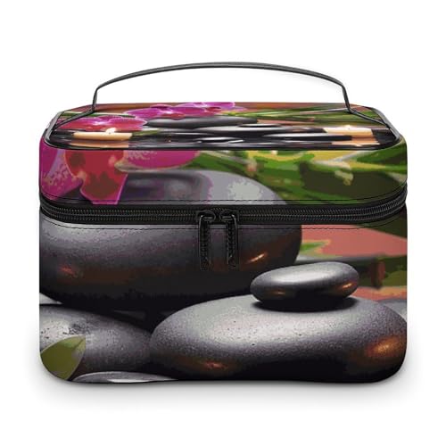 DWTJKMS Flowers in Fountain Massage Stones Makeup Bag, Cosmetic Organizer Case Large Portable Capacity Make Up Bags Women Travel Toiletry Bags with Handle And Divider