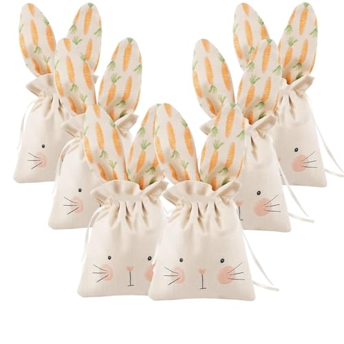 Abschlussverkauf 6 Stück Osterhase Tuch Taschen 15 * 18CM Osterhasen Taschen mit Kordelzug Osterhasen Tüten mit Kordelzug und Hasenohren-Design geeignet zum Sammeln von Ostereiern und Süßigkeiten